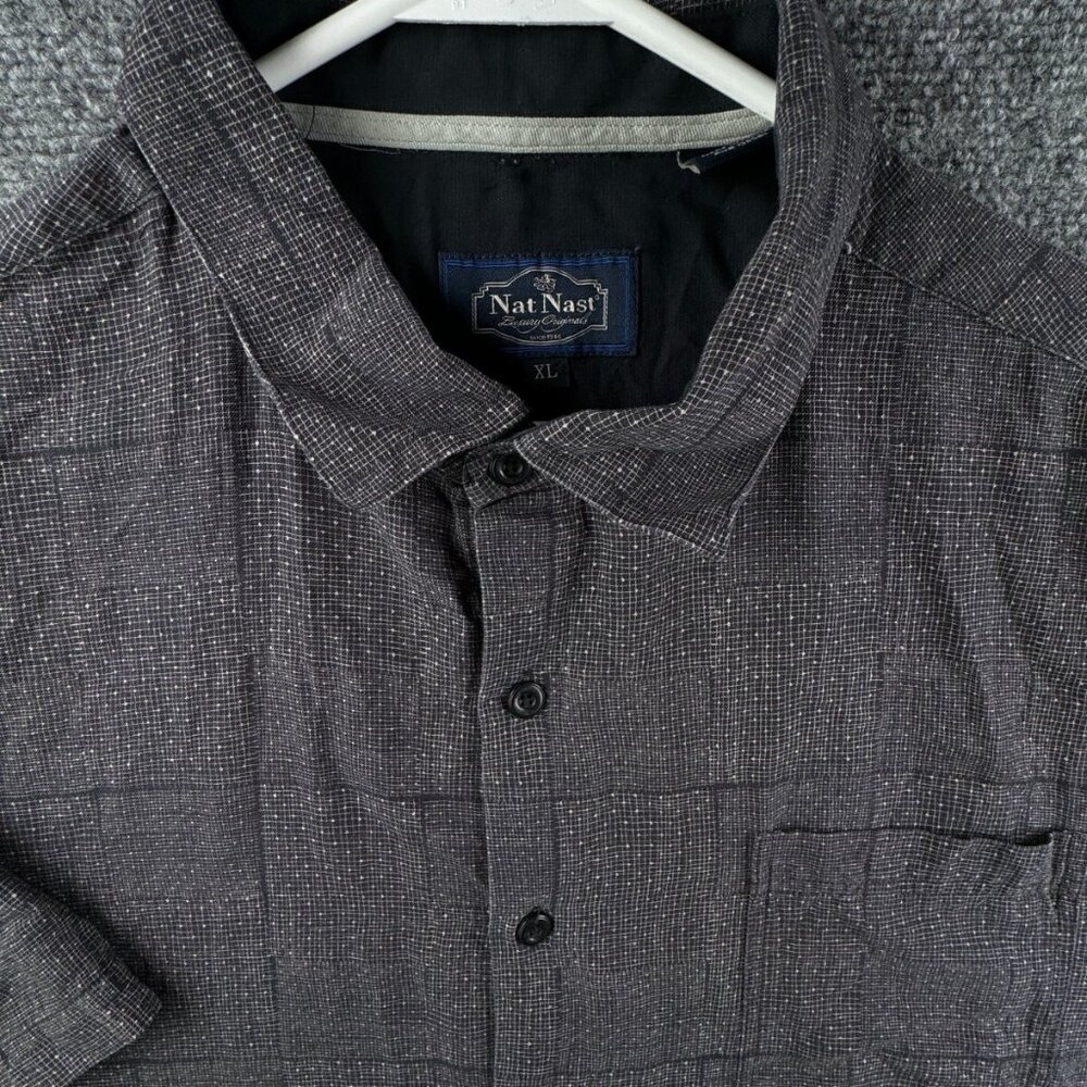 Nat Nast Short Sleeve Button Up Shirt XL Silk Cotton Gray Blue Geometric Print